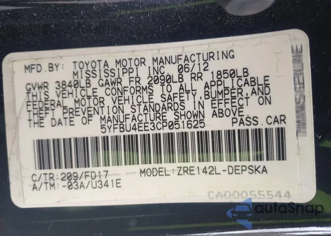 2012 Toyota Corolla S z USA, uszkodzony, nr VIN 5YFBU4EE3CP051625